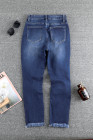 Womens Distressed Frayed Raw Hem Button Mid Waist Jeans