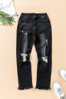Womens Distressed Frayed Raw Hem Button Mid Waist Jeans