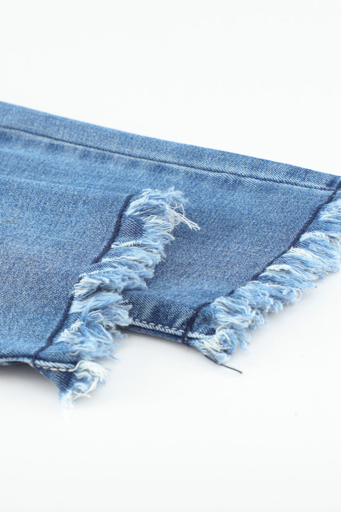 Womens Distressed Frayed Raw Hem Button Mid Waist Jeans