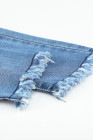 Womens Distressed Frayed Raw Hem Button Mid Waist Jeans