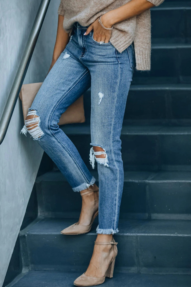 Womens Distressed Frayed Raw Hem Button Mid Waist Jeans