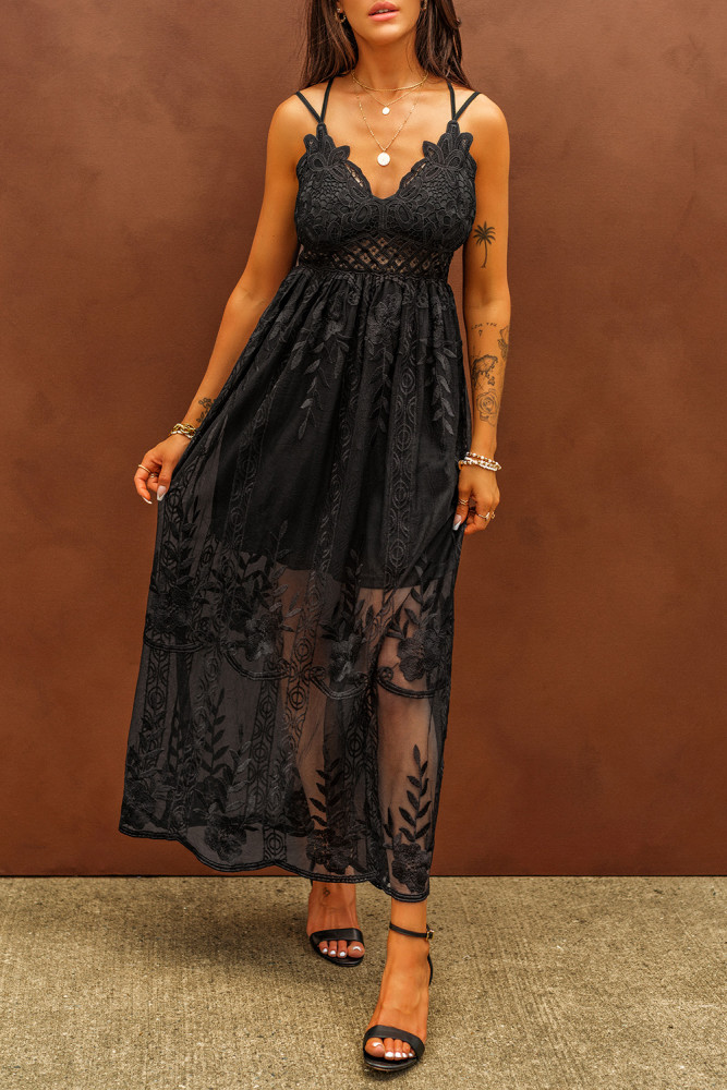 Women's Sleeveless Lace Mesh White Maxi Dress