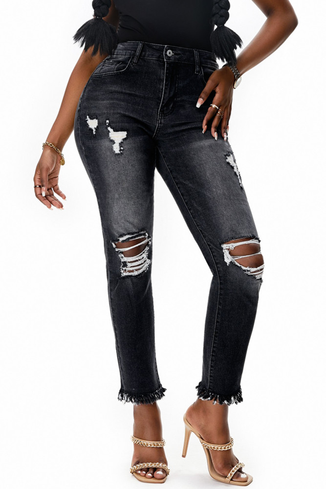Womens Distressed Frayed Raw Hem Button Mid Waist Jeans