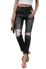 Womens Distressed Frayed Raw Hem Button Mid Waist Jeans
