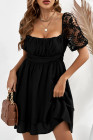 Womens Square Neck Lace Contrast Ruffles A Line Mini Dress