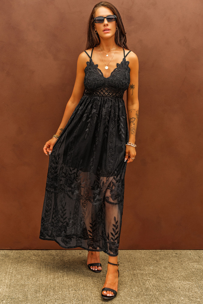 Women's Sleeveless Lace Mesh White Maxi Dress