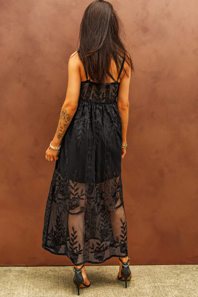 Women's Sleeveless Lace Mesh White Maxi Dress