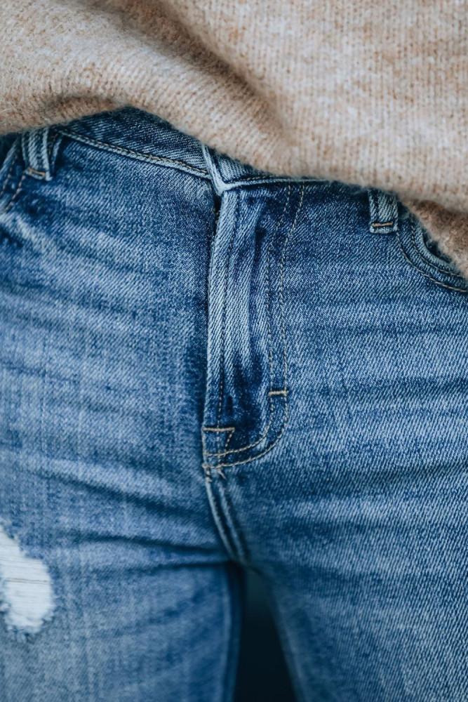 Womens Distressed Frayed Raw Hem Button Mid Waist Jeans