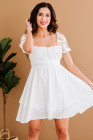 Womens Square Neck Lace Contrast Ruffles A Line Mini Dress