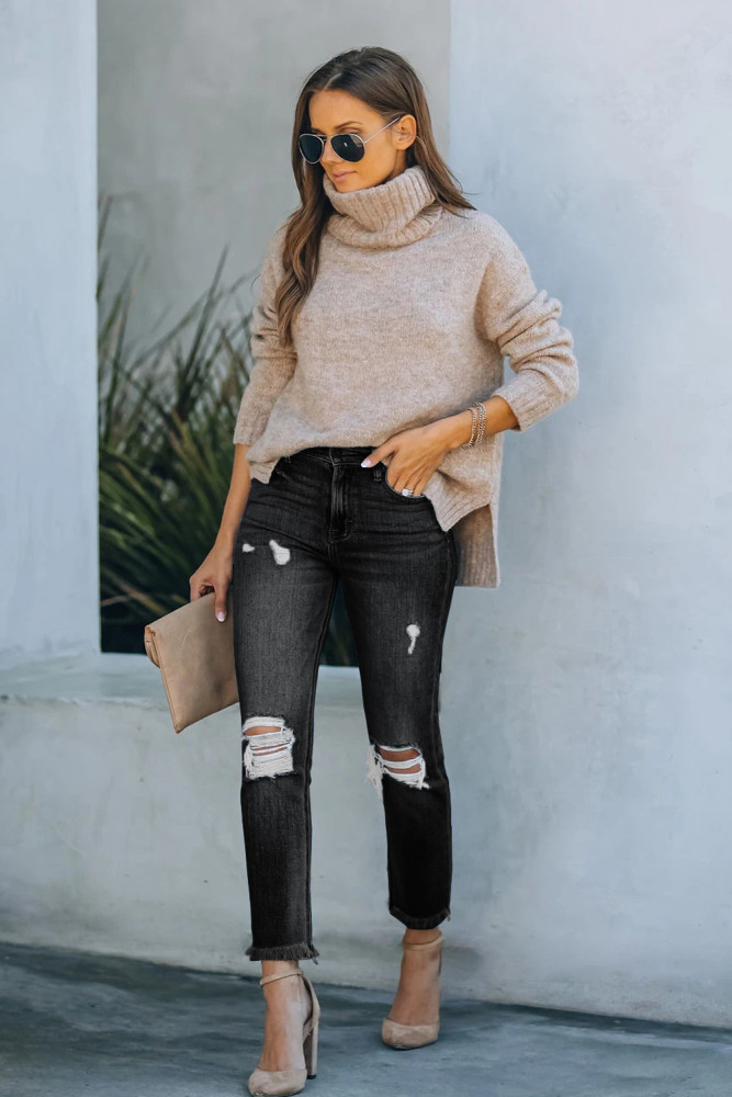 Womens Distressed Frayed Raw Hem Button Mid Waist Jeans