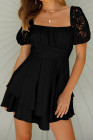 Womens Square Neck Lace Contrast Ruffles A Line Mini Dress