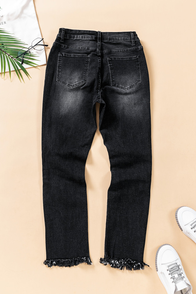 Womens Distressed Frayed Raw Hem Button Mid Waist Jeans