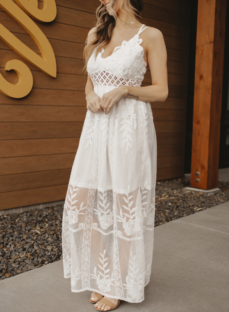 Women's Sleeveless Lace Mesh White Maxi Dress