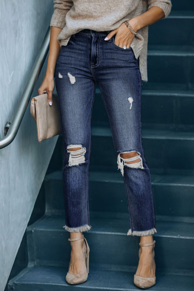 Womens Distressed Frayed Raw Hem Button Mid Waist Jeans