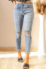 Womens Distressed Frayed Raw Hem Button Mid Waist Jeans