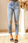 Womens Distressed Frayed Raw Hem Button Mid Waist Jeans