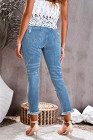 Womens Distressed Frayed Raw Hem Button Mid Waist Jeans