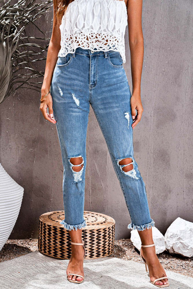 Womens Distressed Frayed Raw Hem Button Mid Waist Jeans