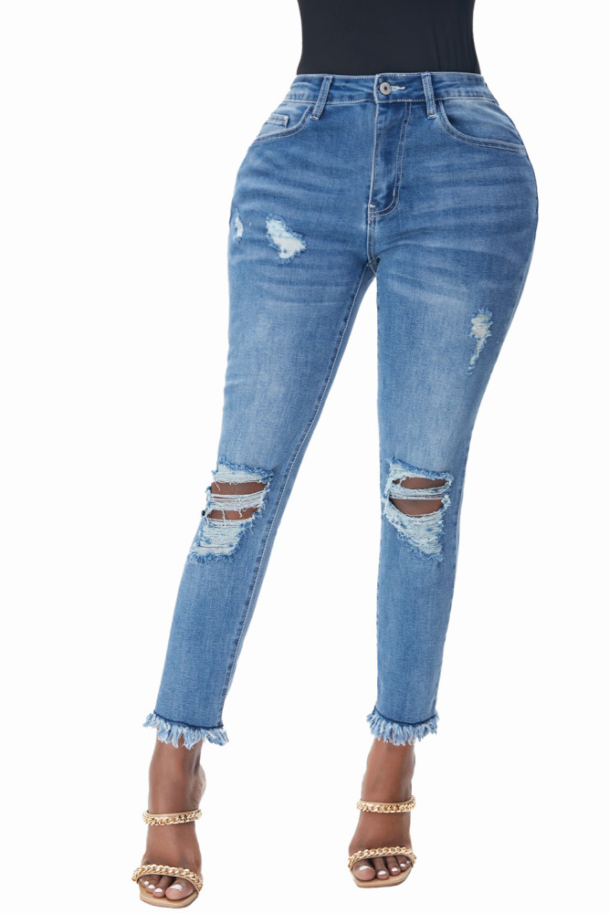 Womens Distressed Frayed Raw Hem Button Mid Waist Jeans