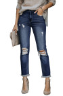 Womens Distressed Frayed Raw Hem Button Mid Waist Jeans