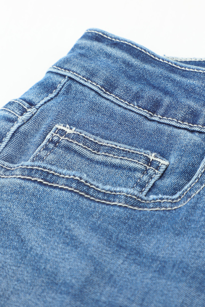 Womens Distressed Frayed Raw Hem Button Mid Waist Jeans