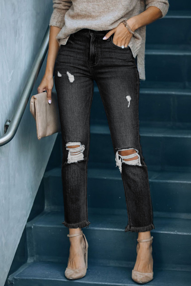 Womens Distressed Frayed Raw Hem Button Mid Waist Jeans