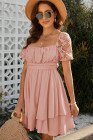 Womens Square Neck Lace Contrast Ruffles A Line Mini Dress