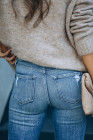 Womens Distressed Frayed Raw Hem Button Mid Waist Jeans
