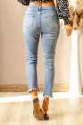 Womens Distressed Frayed Raw Hem Button Mid Waist Jeans