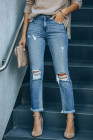 Womens Distressed Frayed Raw Hem Button Mid Waist Jeans
