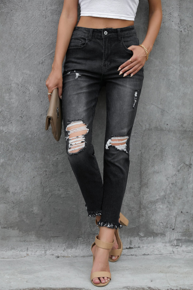 Womens Distressed Frayed Raw Hem Button Mid Waist Jeans