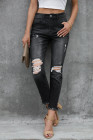 Womens Distressed Frayed Raw Hem Button Mid Waist Jeans