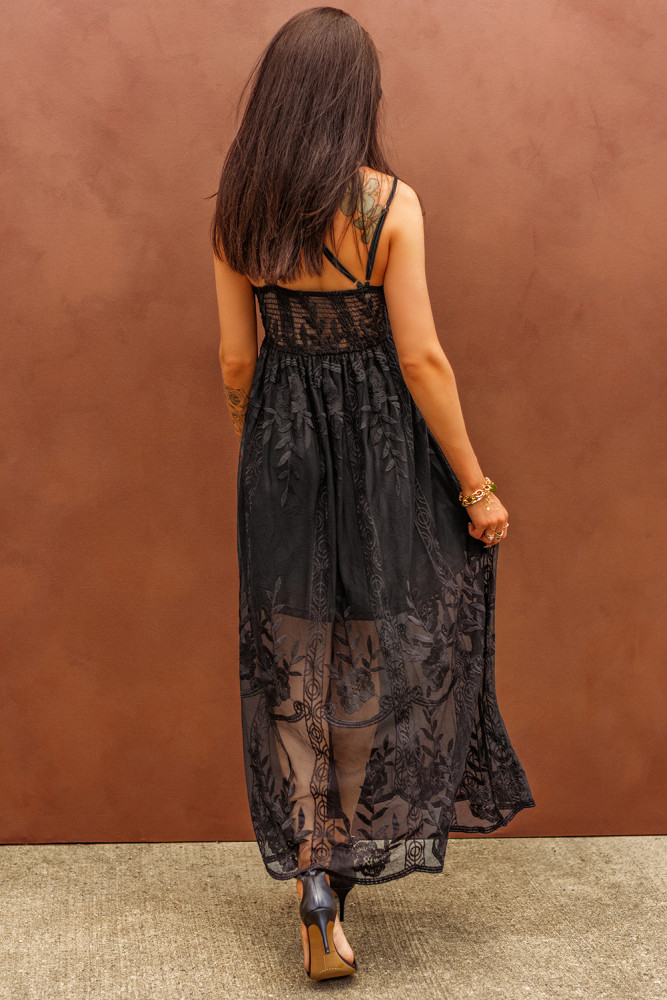 Women's Sleeveless Lace Mesh White Maxi Dress