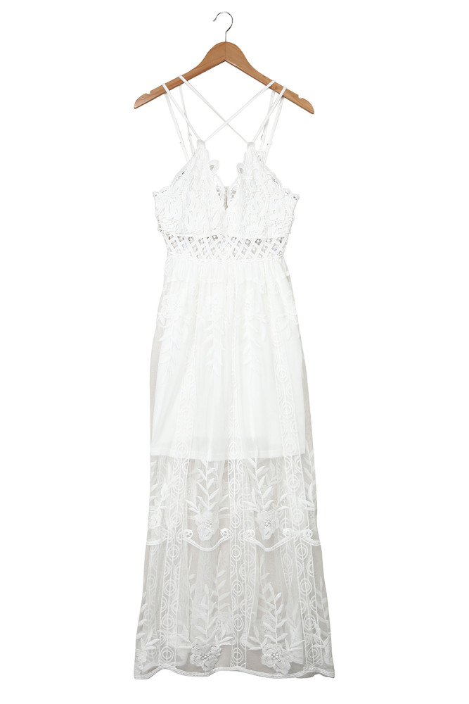 Women's Sleeveless Lace Mesh White Maxi Dress