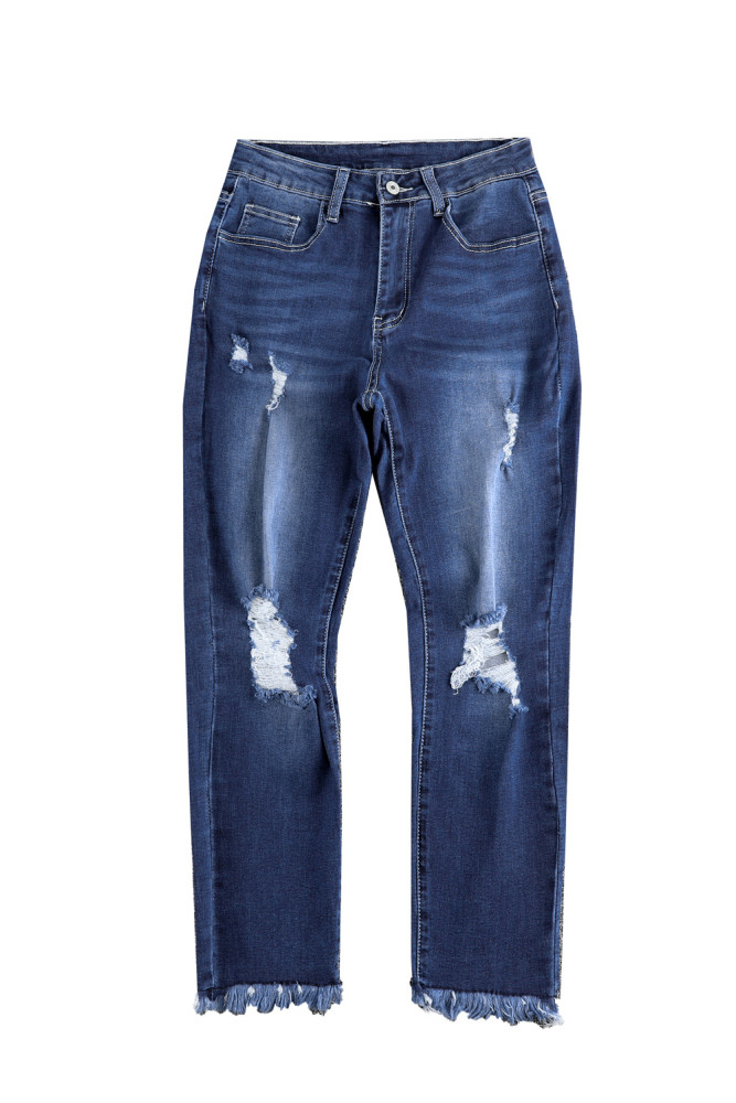 Womens Distressed Frayed Raw Hem Button Mid Waist Jeans