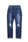 Womens Distressed Frayed Raw Hem Button Mid Waist Jeans