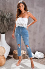 Womens Distressed Frayed Raw Hem Button Mid Waist Jeans