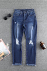 Womens Distressed Frayed Raw Hem Button Mid Waist Jeans