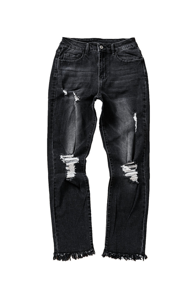 Womens Distressed Frayed Raw Hem Button Mid Waist Jeans