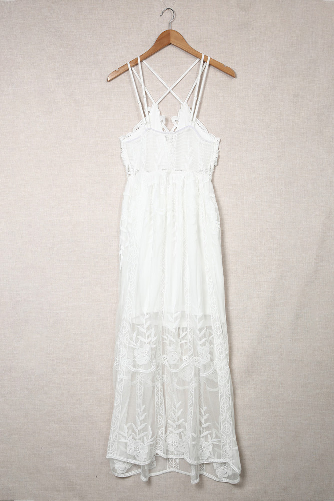Women's Sleeveless Lace Mesh White Maxi Dress