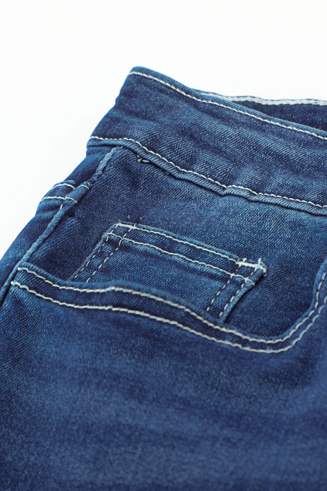 Womens Distressed Frayed Raw Hem Button Mid Waist Jeans