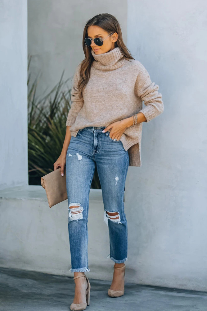 Womens Distressed Frayed Raw Hem Button Mid Waist Jeans