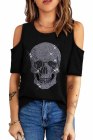 Rhinestone Skull Shirt Womens Cold Shoulder Graphic T Shirt