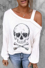 Womens Skull Long Sleeve Shirt Cold Shoulder Skull Graphic Tee