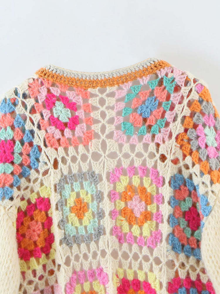 Women's Crochet Bohemian Long Sleeve Open Front Oversized Cardigan Sweater
