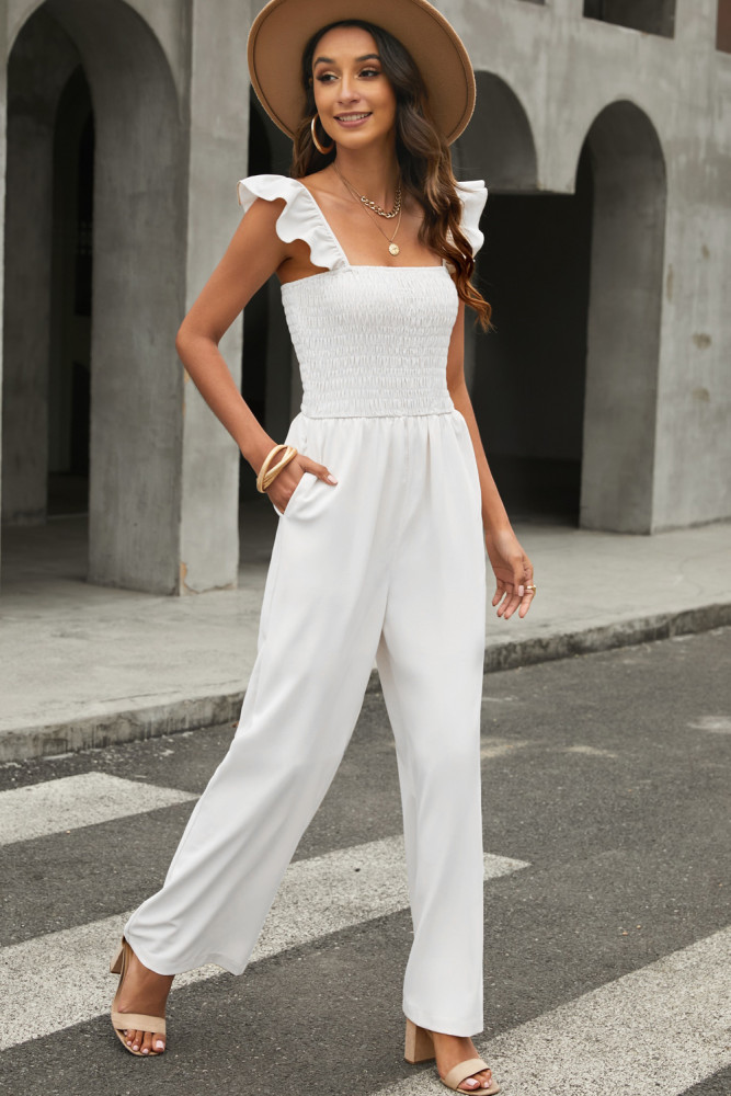 Silindashop Sleeveless Flutter Smocked Wide Leg Jumpsuits for Women