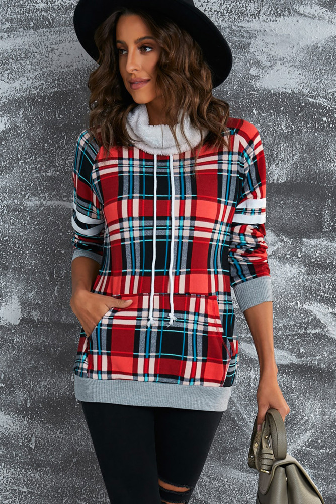 Women’s Buffalo Plaid Print Sherpa High Neck Pullover Sweatshirt