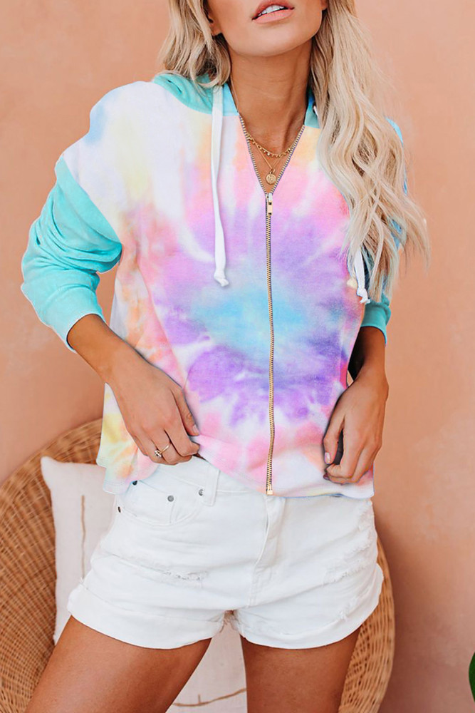 Women's Zip Up Drawstring Tie Dye Color Block Shirts Hoodies for Women