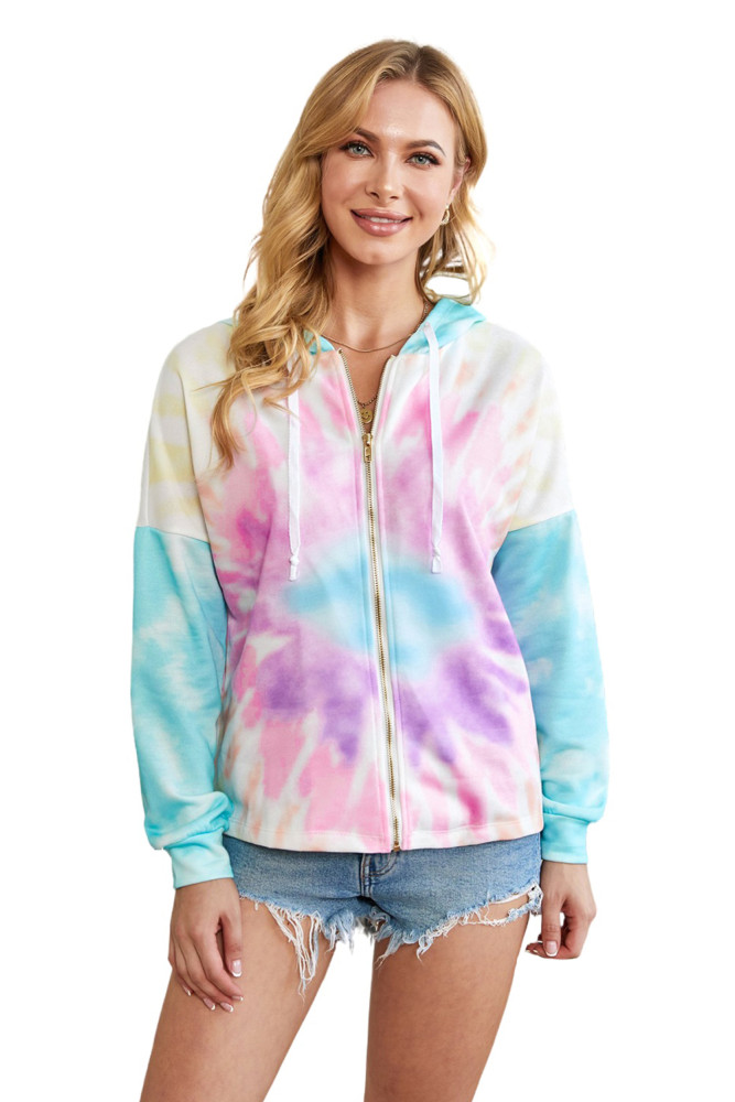 Women's Zip Up Drawstring Tie Dye Color Block Shirts Hoodies for Women