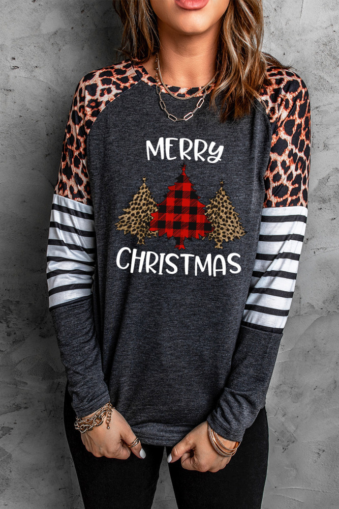 Merry Christmas T Shirt Women Leopard Raglan Sleeve Tees Tops